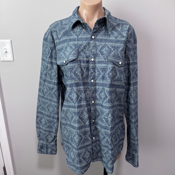 Lucky Brand Other - Lucky Brand Men’s Blue Aztec Denim Pearl Snap Shirt Western Saturday Stretch